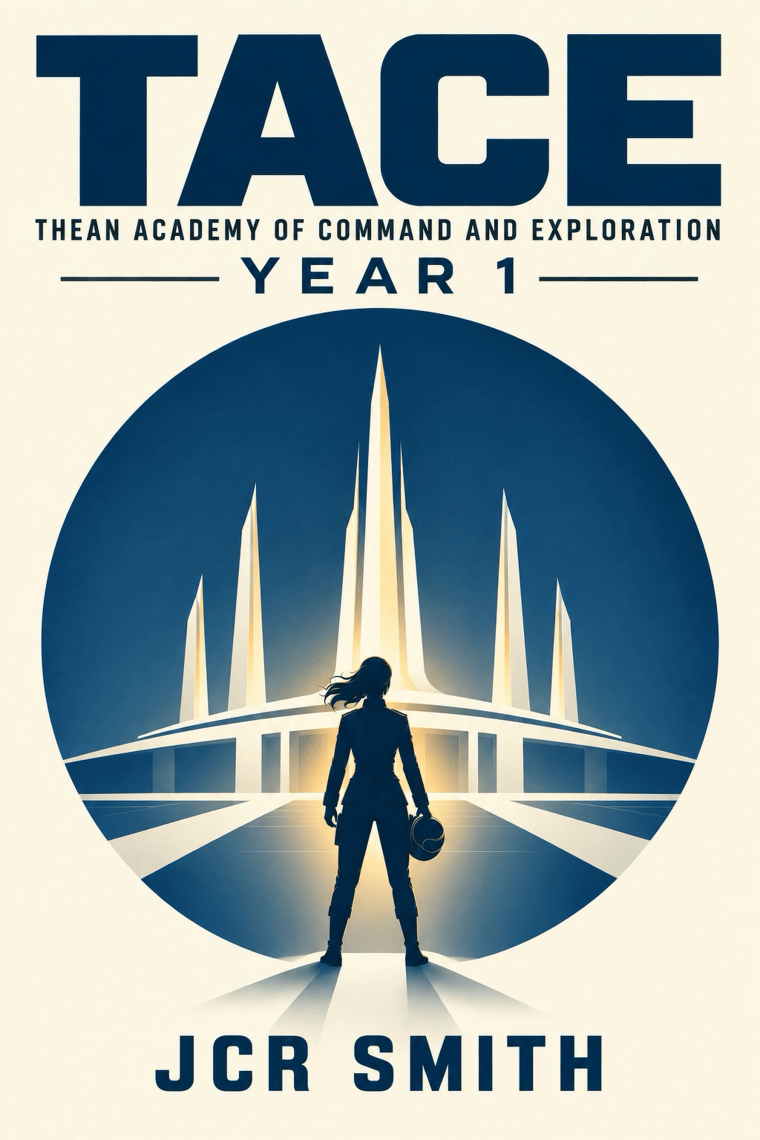Cover of TACE: Year 1 by JCR Smith. A cadet stands silhouetted before the spires of the Academy.